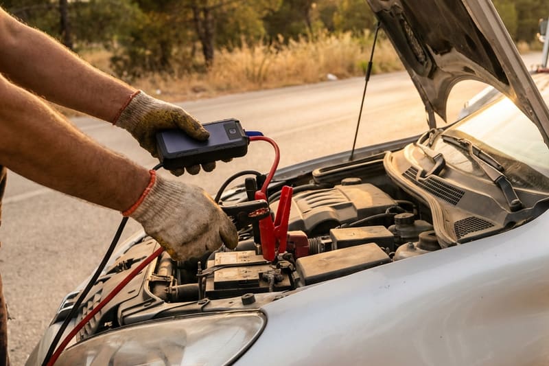 Kaputu açık gümüş renkli bir otomobilin aküsüne kırmızı ve siyah kablolarla bağlanan taşınabilir takviye cihazı