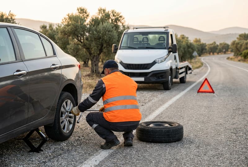 Yol kenarında krikoya alınmış bir otomobilin arka lastiğini değiştiren görevli ve arkada yola konmuş uyarı üçgeni