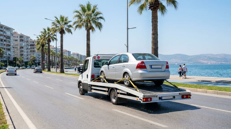 Güneşli bir günde palmiyeli sahil yolunda üzerinde otomobil taşıyan beyaz bir kayar kasa çekici